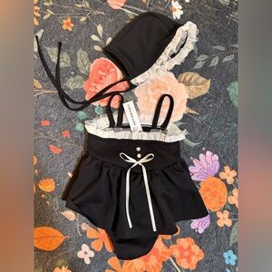 New Bunnytail baby girl one piece swimsuit with bonnet ruffles skirt black white